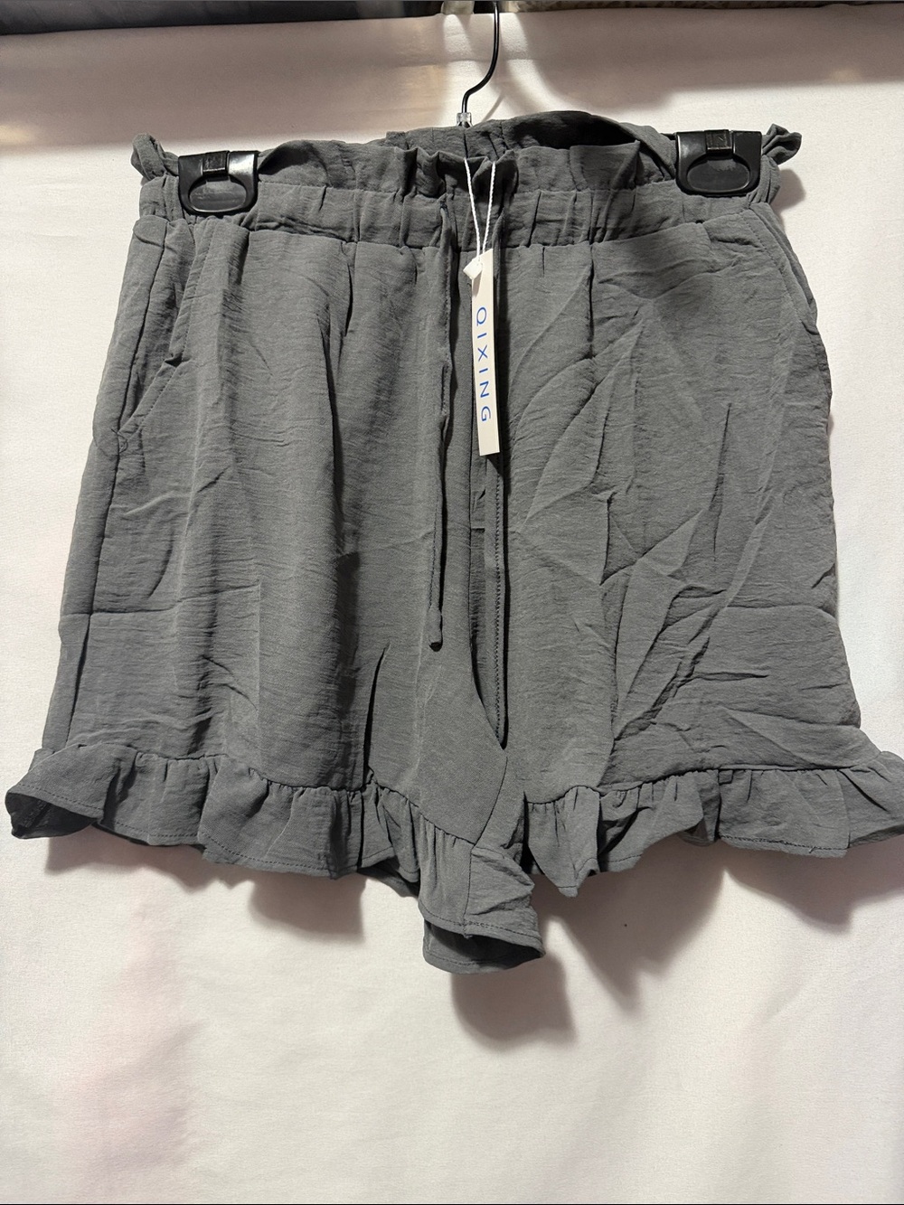 Oixing High-Waist Ruffle Hem Women's Shorts — Dark Gray
